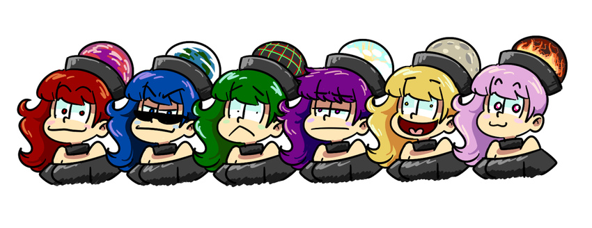 :&lt; :3 black_shirt blonde_hair blue_eyes blue_hair blush_stickers collar commentary constricted_pupils earth_(ornament) green_hair hecatia_lapislazuli long_hair looking_at_viewer moon_(ornament) multiple_girls multiple_persona off-shoulder_shirt osomatsu-san parody peachems_(gemu) pink_eyes pink_hair polos_crown purple_eyes purple_hair red_eyes red_hair shaded_face shirt simple_background smile smug sunglasses touhou unamused white_background yellow_eyes