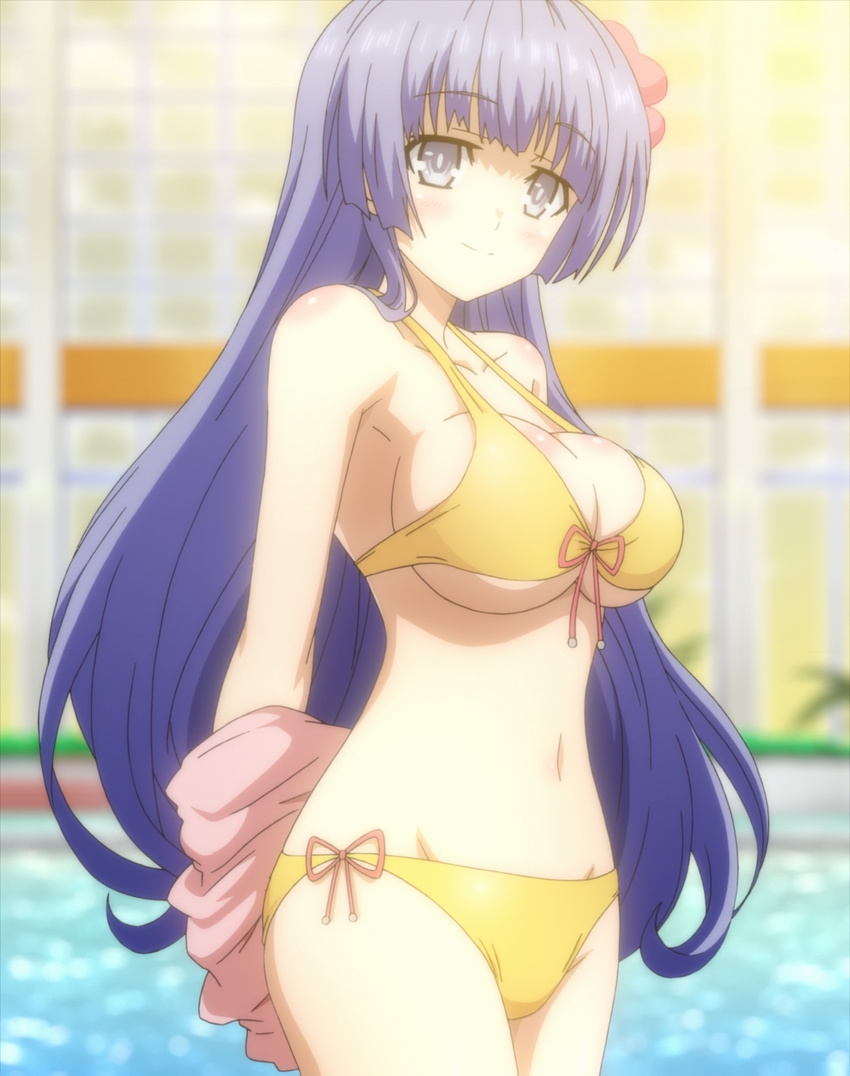 1girl :o arm bare_arms bare_legs bare_shoulders bikini blush breasts cleavage date_a_live female grey_eyes hair_ornament highres hime_cut izayoi_miku large_breasts legs light_blue_hair looking_at_viewer midriff navel neck screencap shiny shiny_hair silver_hair solo stitched swimsuit very_long_hair yellow_bikini yellow_swimsuit