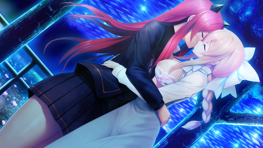 2girls areolae aso_kiriri blonde_hair bow bra bra_pull braid breasts breasts_outside dutch_angle eyes_closed game_cg glasses hair_bow hair_ribbon headgear highres kibanohara_ethica kiss large_breasts legs long_hair long_skirt multiple_girls night nipples nitroplus oosaki_shin'ya oosaki_shin'ya open_clothes red_hair ribbon semi-rimless_glasses single_braid skirt standing thighs tokyo_necro trees yuri