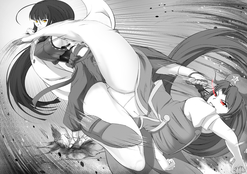 action battle bol_(liliymimi) breasts clenched_hands commentary_request dress duel flying_kick glowing glowing_eyes greyscale grin hat hip_vent hong_meiling kicking large_breasts long_hair monochrome multiple_girls navel panties sendai_hakurei_no_miko sideboob smile touhou underwear very_long_hair white_panties wide_sleeves