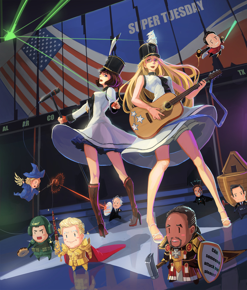 6+boys acoustic_guitar american_flag armor ben_carson bernie_sanders black_hair blonde_hair blue_eyes cape chibi chris_christie claw_hammer commentary cosplay dark_skin donald_trump doughnut dress ea_(fate/stay_night) emperor_of_mankind emperor_of_mankind_(cosplay) english fate/stay_night fate_(series) flying food formal gilgamesh gilgamesh_(cosplay) guitar hammer hat helmet highres hillary_clinton imperial_guard instrument john_kasich lance laurel_crown layered_dress long_hair mage magic marco_rubio microphone microphone_stand multiple_boys multiple_girls pacific parody polearm real_life red_eyes shako_cap shield sima_naoteng staff suit ted_cruz terminator uniform uss_oklahoma_(bb-37) uss_tennessee_(bb-43) warcraft warhammer_40k weapon witch_hat world_of_warcraft yellow_eyes