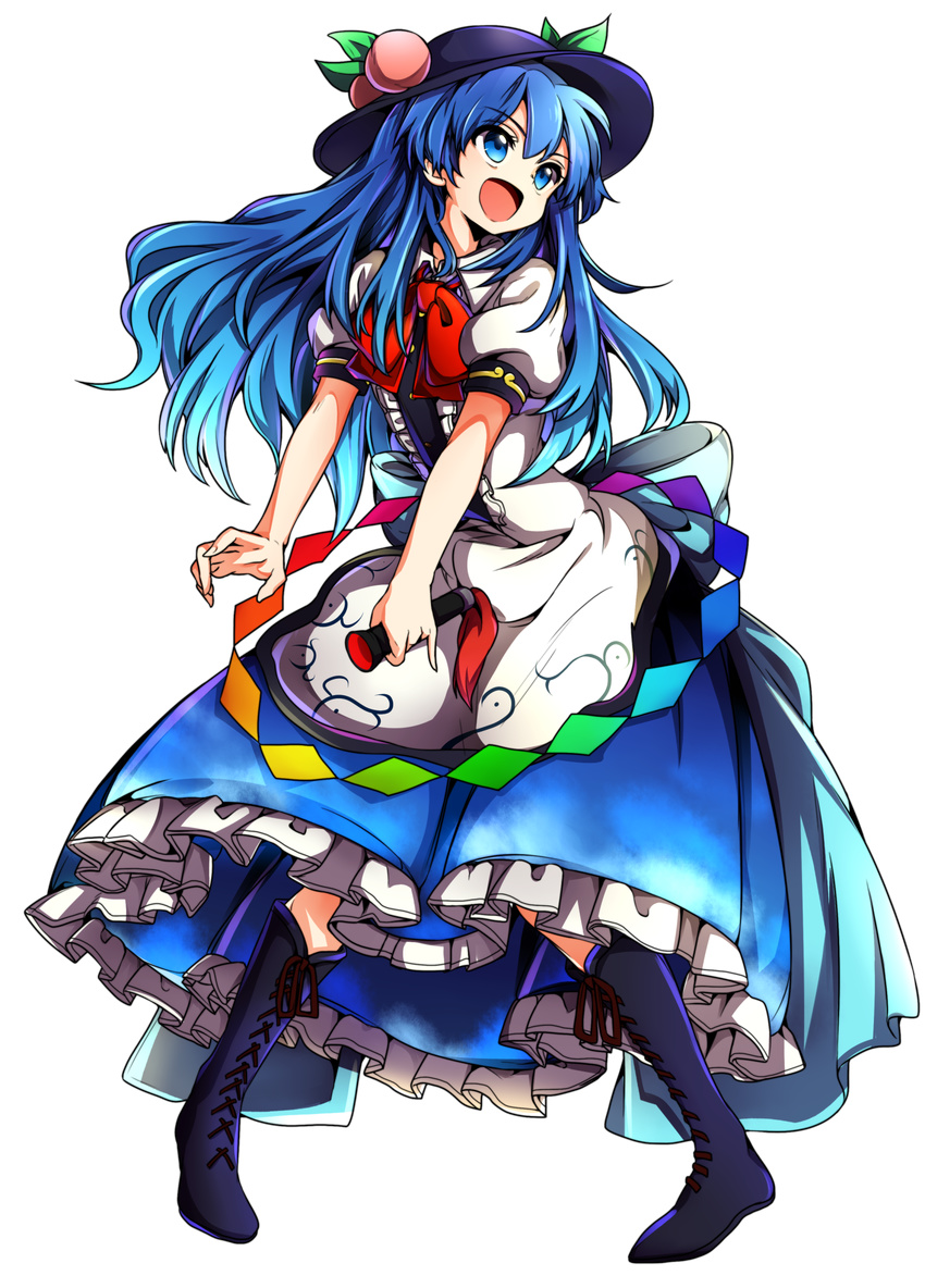 alternate_eye_color baba_(baba_seimaijo) blue_eyes blue_hair boots bow cross-laced_footwear food fruit full_body hat highres hinanawi_tenshi long_hair neck_ribbon open_mouth peach puffy_short_sleeves puffy_sleeves ribbon shirt short_sleeves skirt smile solo tachi-e touhou transparent_background very_long_hair