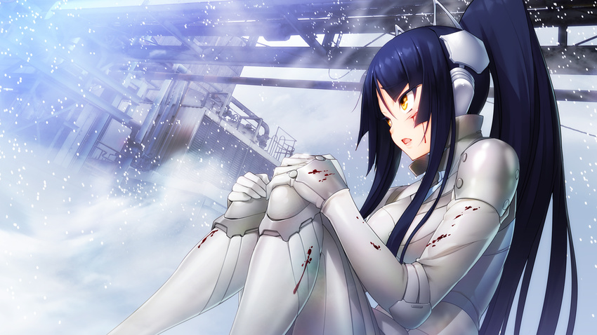 1girl blood blood_on_face blue_hair bodysuit breasts game_cg gijou_mitsumi headgear highres injury knee_pads large_breasts legs long_hair looking_up nitroplus oosaki_shin'ya oosaki_shin'ya outdoors parted_lips ponytail shoulder_pads sitting snow snowing solo thighs tokyo_necro yellow_eyes