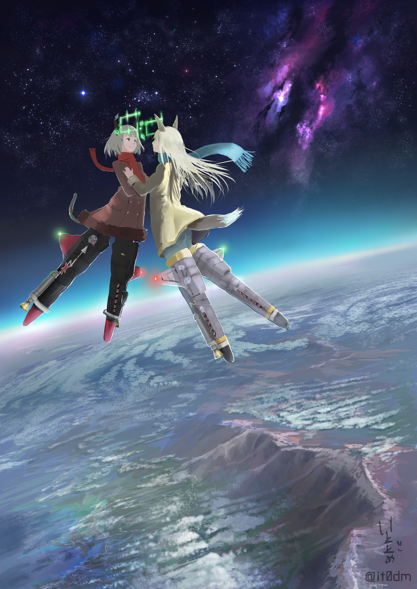 2girls animal_ears artist_signature blonde_hair blue_eyes cloud clouds coat earth eila_ilmatar_juutilainen hand_holding hirschgeweih_antennas long_hair multiple_girls sanya_v_litvyak scarf smile space stars strike_witches striker_unit