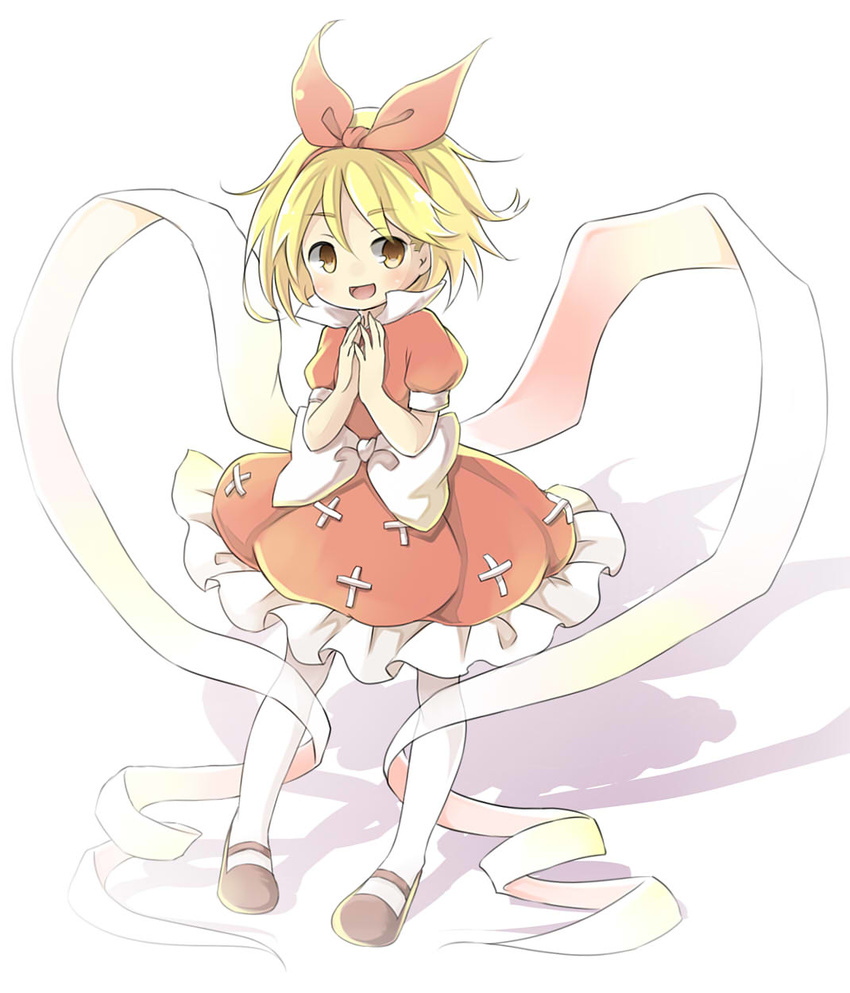 ayana_(touhou) bad_id bad_pixiv_id blonde_hair bow commentary_request dress ellipsis_(mitei) full_body hairband hands_together highres mary_janes no_nose popped_collar puffy_short_sleeves puffy_sleeves red_dress red_ribbon ribbon shawl shoes short_hair short_sleeves solo touhou touhou_(pc-98) white_bow white_legwear yellow_eyes