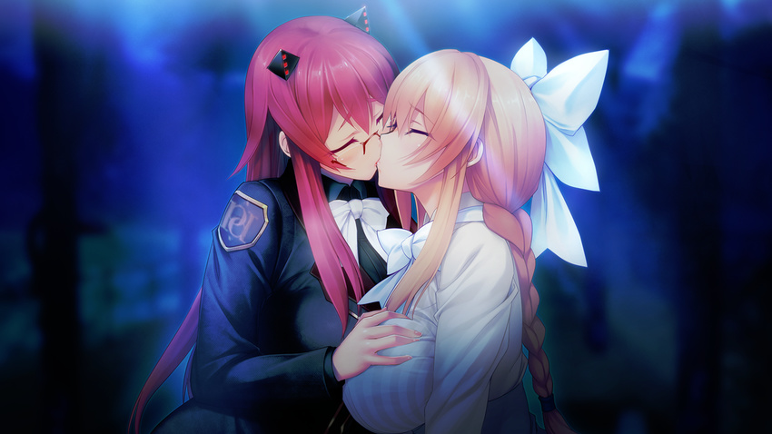 2girls aso_kiriri bangs blonde_hair blush bow bowtie braid breast_grab breasts eyes_closed game_cg glasses grabbing hair_bow hair_ribbon headgear highres huge_breasts kibanohara_ethica kiss long_hair long_sleeves multiple_girls nitroplus oosaki_shin'ya oosaki_shin'ya raised_eyebrows red-framed_glasses red_hair ribbon semi-rimless_glasses simple_background single_braid tokyo_necro upper_body yuri