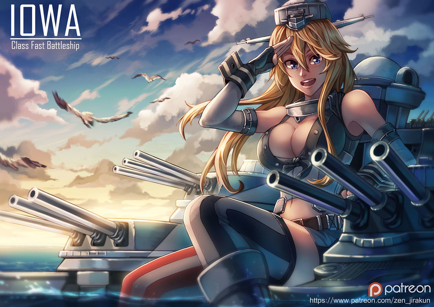 :d bird blonde_hair blue_eyes breasts character_name cleavage cloud cloudy_sky detached_sleeves fingerless_gloves gloves headgear horizon in_water iowa_(kantai_collection) kantai_collection large_breasts long_hair looking_at_viewer machinery miniskirt navel ocean open_mouth patreon_logo patreon_username salute seagull sitting skirt sky smile solo thighhighs turret twilight watermark web_address zen_(jirakun) zettai_ryouiki