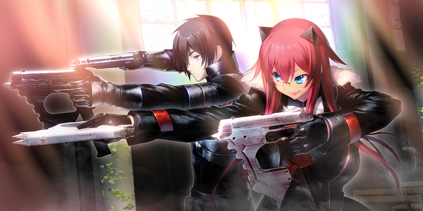 1boy 1girl black_hair blue_eyes breasts fighting_stance fur_trim game_cg glasses gloves gun headgear highres holding holding_weapon indoors jacket kibanohara_ethica large_breasts light long_hair long_sleeves looking_away nagaoka_souun nitroplus oosaki_shin'ya oosaki_shin'ya pointing red-framed_glasses red_hair semi-rimless_glasses serious short_hair smile standing tokyo_necro upper_body weapon window