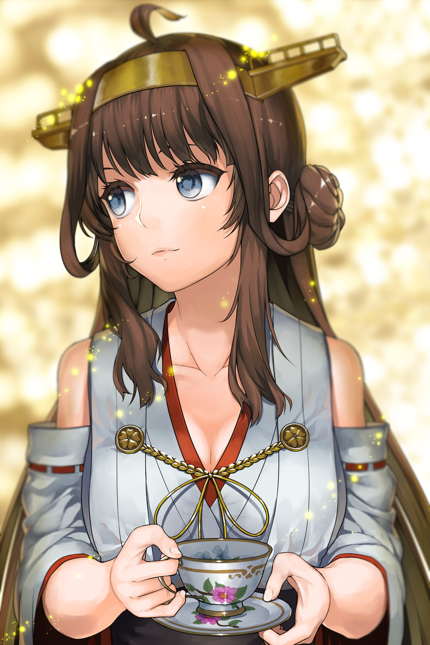 absurdres ahoge bad_id bad_pixiv_id blue_eyes breasts brown_hair cleavage collarbone colored_eyelashes cup double_bun hairband harumaki_haruki headgear highres japanese_clothes kantai_collection kongou_(kantai_collection) long_hair looking_away medium_breasts nontraditional_miko smile solo teacup