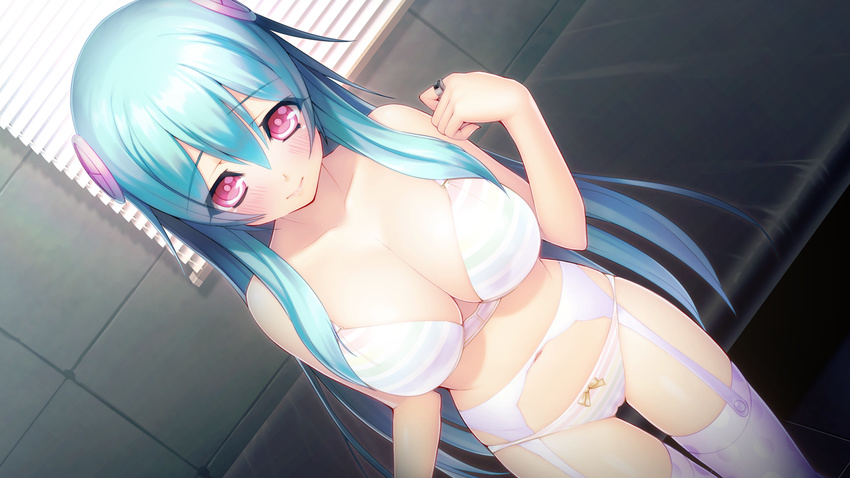 aqua_hair bangs blinds blush bow bow_panties bra breasts cameltoe clenched_hand closed_mouth cowboy_shot dutch_angle game_cg garter_belt hair_ornament hougyou_ilia indoors jewelry large_breasts light_smile long_hair looking_at_viewer oosaki_shin'ya panties parted_bangs pink_eyes polka_dot polka_dot_legwear rainbow_order raised_eyebrows ring sidelocks smile solo standing striped striped_bra striped_panties thigh_gap thighhighs tile_wall tiles tokyo_necro underwear underwear_only very_long_hair