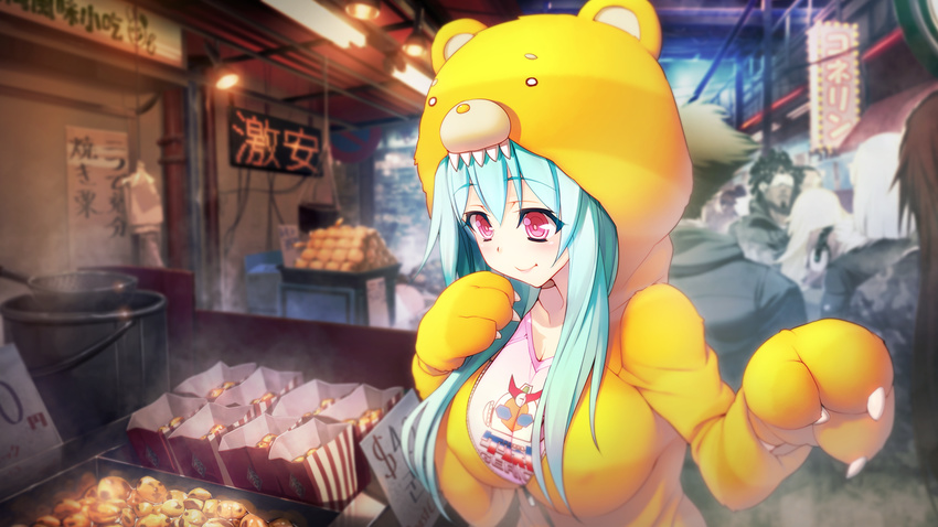 1girl bear_ears bear_paws blush breasts cleavage food game_cg green_hair highres hood hoodie hougyou_ilia large_breasts long_hair long_sleeves looking_down nitroplus oosaki_shin'ya oosaki_shin'ya outdoors paws public puffy_nipples red_eyes smile standing steam tokyo_necro upper_body walking zipper