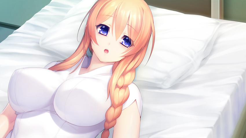 1girl aso_kiriri bangs bed blonde_hair blue_eyes braid breasts game_cg highres indoors large_breasts long_hair looking_at_viewer lying nitroplus on_back on_bed oosaki_shin'ya oosaki_shin'ya parted_lips pillow short_sleeves single_braid solo tokyo_necro upper_body