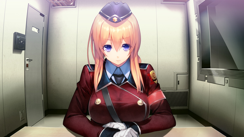 1girl aso_kiriri badge bangs blonde_hair blue_eyes breasts door game_cg gloves hat highres indoors large_breasts long_hair long_sleeves looking_at_viewer military military_uniform necktie nitroplus oosaki_shin'ya oosaki_shin'ya sitting solo table tokyo_necro uniform upper_body