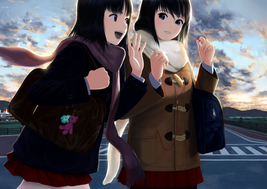 :d backlighting bag bangs black_hair blue_eyes cowboy_shot earbuds earphones earphones_removed highres long_sleeves looking_at_another multiple_girls open_mouth original outdoors parted_lips red_eyes road scarf school_bag shin_(world_3000) short_hair shoulder_bag sidewalk sky smile street teeth twilight walking winter_clothes