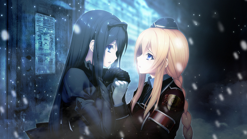 2girls aso_kiriri badge bangs black_hair blonde_hair blue_eyes braid breasts cap eye_contact game_cg gloves hat highres large_breasts long_hair long_sleeves looking_at_another military military_uniform multiple_girls nitroplus oosaki_shin'ya oosaki_shin'ya outdoors single_braid snow snowing tokyo_necro uniform upper_body