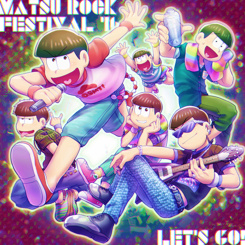 \m/ bottle bowl_cut brothers brown_hair capri_pants earrings electric_guitar english guitar heart heart_in_mouth highres instrument jewelry male_focus matsuno_choromatsu matsuno_ichimatsu matsuno_juushimatsu matsuno_karamatsu matsuno_osomatsu matsuno_todomatsu microphone multiple_boys osomatsu-kun osomatsu-san pants sandals sextuplets shirt shoes shorts show_chiku-by siblings smile sneakers sunglasses t-shirt towel water_bottle wristband