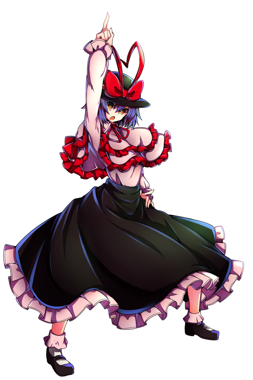 absurdres arm_up baba_(baba_seimaijo) bow capelet frills full_body hat hat_bow highres long_skirt long_sleeves nagae_iku open_mouth pointing pointing_up pose purple_hair red_eyes shirt skirt solo tachi-e touhou transparent_background