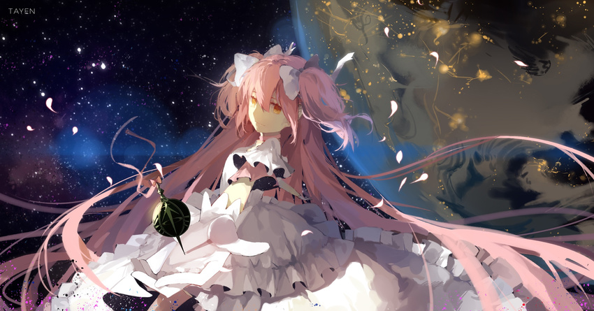 artist_name bangs bow cherry_blossoms choker dress earth gloves grief_seed hair_between_eyes hair_bow hair_ribbon highres holding kaname_madoka long_hair looking_at_viewer magical_girl mahou_shoujo_madoka_magica mahou_shoujo_madoka_magica_movie outstretched_arm outstretched_hand pink_eyes pink_hair reaching ribbon smile solo soul_gem space spoilers star star_(sky) tayen text_focus two_side_up ultimate_madoka very_long_hair white_bow white_dress white_gloves white_ribbon