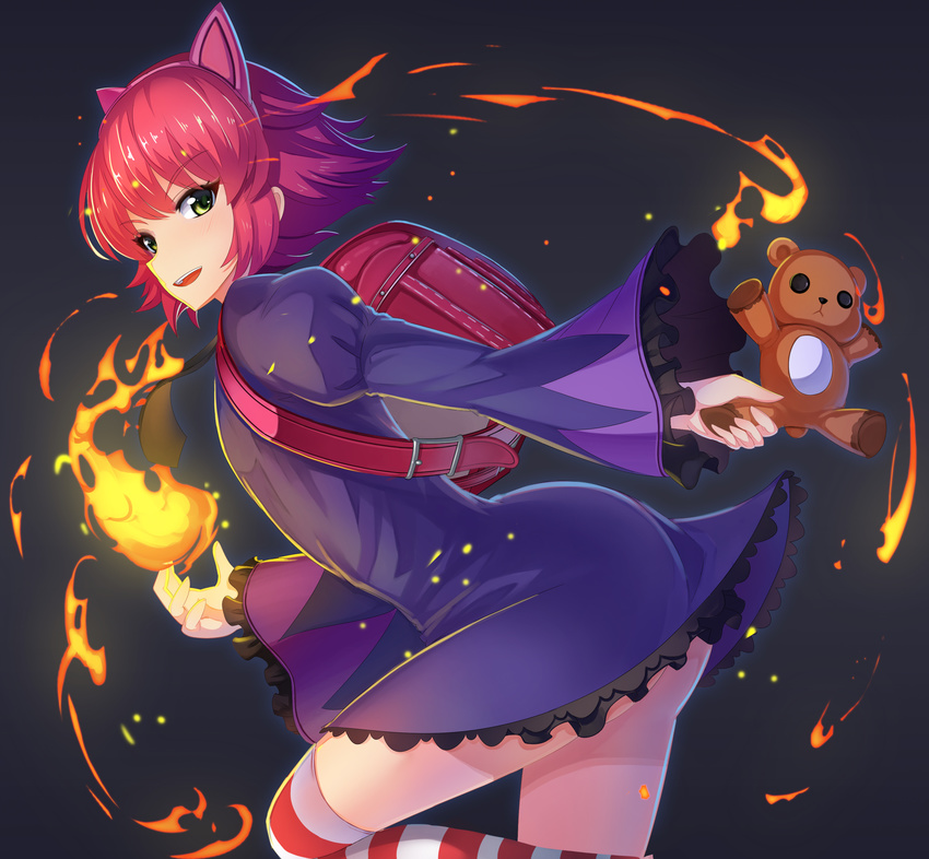 absurdres animal_ears annie_hastur backpack bag cat_ears fire fireball fps green_eyes hairband highres league_of_legends looking_at_viewer open_mouth pink_hair randoseru short_hair solo striped striped_legwear stuffed_animal stuffed_toy teddy_bear thighhighs tibbers