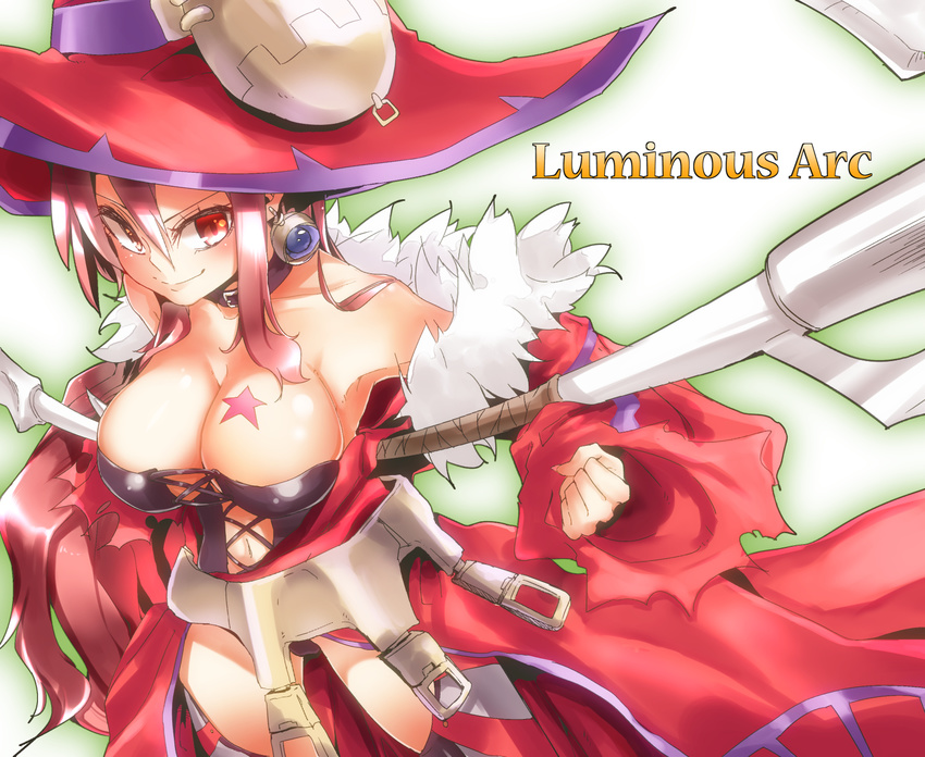 bare_shoulders breasts choker cleavage copyright_name corset detached_sleeves earrings gloves hat highres jewelry large_breasts long_hair luminous_arc pink_hair smile solo star tattoo toriol_3 vanessa_(luminous_arc) very_long_hair witch witch_hat