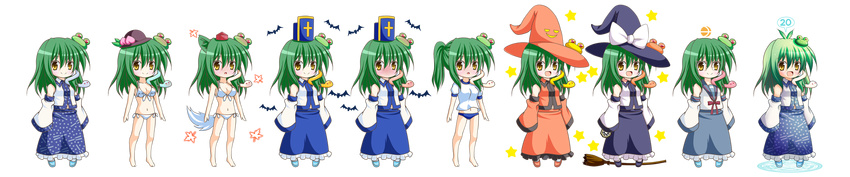 adapted_costume animal_ears bare_legs bare_shoulders bat bespectacled bikini blush breasts broom cleavage cosplay embarrassed expressive_clothes frog_hair_ornament full_body glasses green_eyes green_hair gym_uniform hair_ornament hat highres hinanawi_tenshi hinanawi_tenshi_(cosplay) inubashiri_momiji inubashiri_momiji_(cosplay) kemonomimi_mode kirisame_marisa kirisame_marisa_(cosplay) kochiya_sanae long_hair long_image magic_circle medium_breasts mini-hakkero mitre nagato_yuki nagato_yuki_(cosplay) navel open_mouth osashin_(osada) ponytail priest_(dq3) priest_(dq3)_(cosplay) school_uniform serafuku snake_hair_ornament solo standing_on_broom star swimsuit tail tokin_hat touhou transparent_background white_bikini wide_image witch_hat wolf_ears wolf_tail