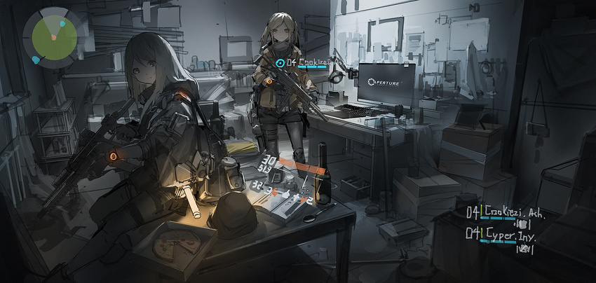 aperture_science backpack bad_id bad_pixiv_id bag book bottle box brown_eyes cardboard_box desk food glowstick gun h&amp;k_ump heckler_&amp;_koch highres holding holding_gun holding_weapon keyboard_(computer) kriss_vector long_hair looking_at_viewer monitor multiple_girls open_book picture_frame pizza pizza_box portal portal_(series) renatus.z shorts sitting spoon submachine_gun table thighhighs tom_clancy's_the_division twintails weapon