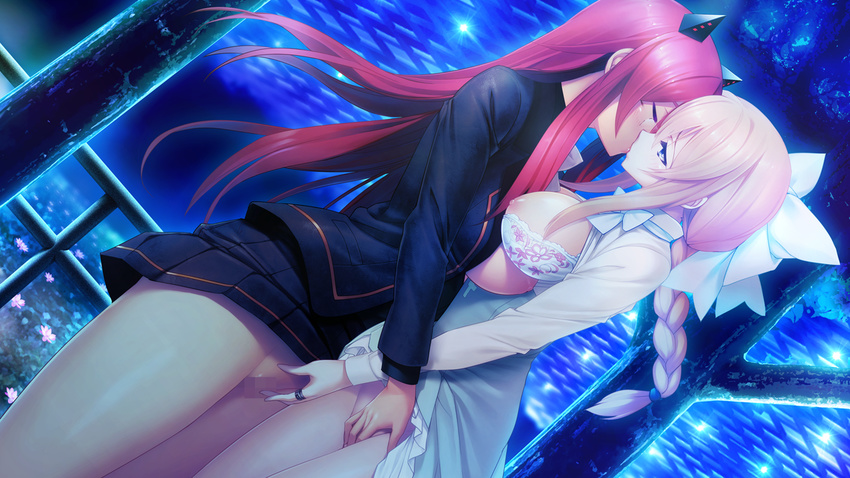 2girls areolae aso_kiriri blonde_hair blue_eyes bow bra bra_pull braid breast_press breasts breasts_outside censored dutch_angle eyes_closed fingering game_cg glasses hair_bow hair_ribbon headgear highres kibanohara_ethica kiss large_breasts legs long_hair long_skirt looking_at_another mosaic_censoring mound_of_venus multiple_girls mutual_masturbation night nipples nitroplus no_panties oosaki_shin'ya oosaki_shin'ya open_clothes pussy red_hair ribbon semi-rimless_glasses shaved single_braid skirt skirt_lift standing thighs tokyo_necro trees yuri