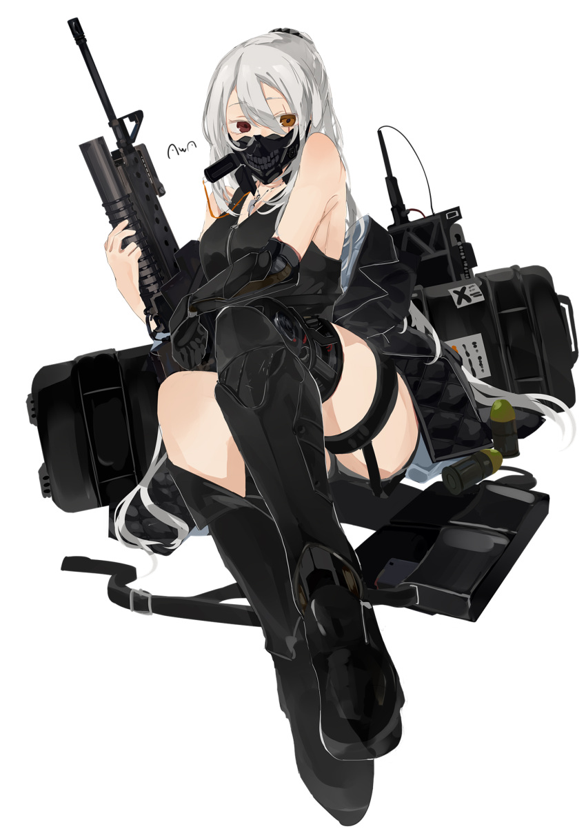 1girl artist_name assault_rifle bangs bare_shoulders black_footwear black_jacket black_shirt boots breasts brown_eyes explosive expressionless eyebrows_visible_through_hair full_body girls'_frontline grenade grenade_launcher gun hair_between_eyes hair_ornament hairclip heterochromia highres holding holding_gun holding_weapon jacket jacket_removed jewelry long_hair looking_at_viewer m16 m16a1 m203 mask mechanical_arms mechanical_legs medallion necklace on_floor original ponytail red_eyes rifle scar scar_across_eye shirt silver_hair single_mechanical_arm single_mechanical_leg solo sutekina_awa thighs underbarrel_grenade_launcher weapon weapon_case white_background
