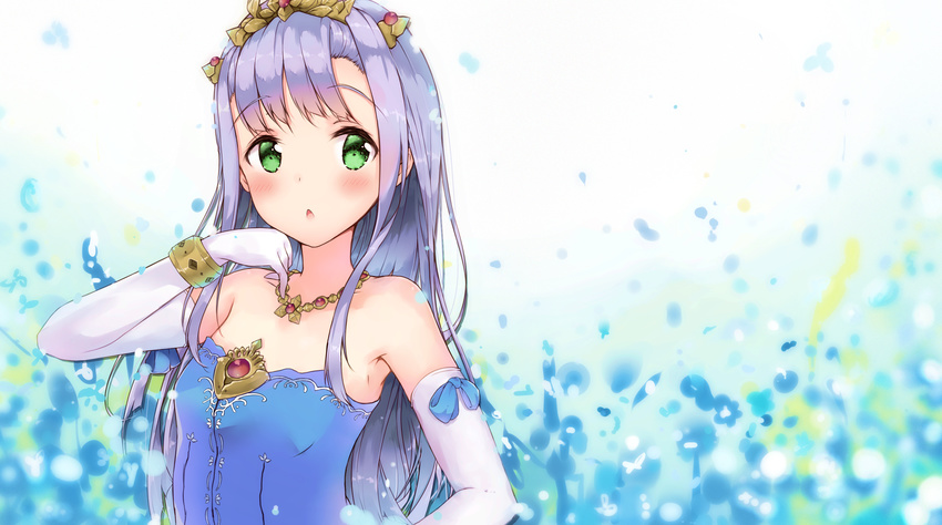 adore_(adoredesu) bad_id bad_pixiv_id blue_ribbon bracelet breasts elbow_gloves eyebrows eyebrows_visible_through_hair gloves green_eyes hair_ornament highres jewelry long_hair looking_at_viewer necklace outbreak_company petralka_anne_eldant_iii purple_hair ribbon small_breasts solo strapless upper_body white_gloves
