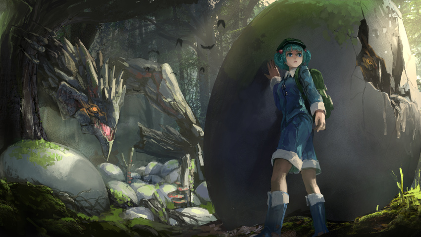 animal arm_at_side backpack bag bangs bat blue_eyes blue_footwear blue_hair blue_shirt blue_shorts boots commentary_request crack creature dragon dripping egg forest from_behind hat hatching highres kaatoso kawashiro_nitori long_sleeves looking_away monster_hunter nature outdoors rathian shirt shorts sleeves_rolled_up touhou tree two_side_up walking