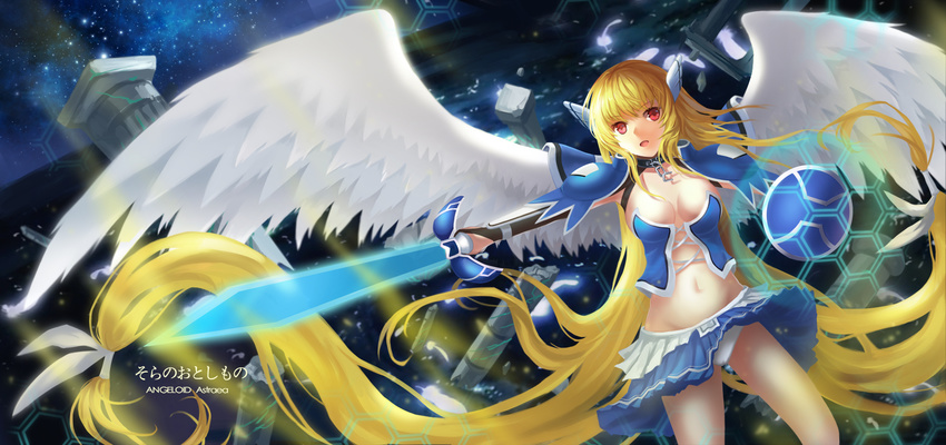 astraea blonde_hair breasts cleavage collar feathers hongse_beiyu long_hair navel night no_bra panties red_eyes ruins skirt sora_no_otoshimono stars sword underwear weapon wings