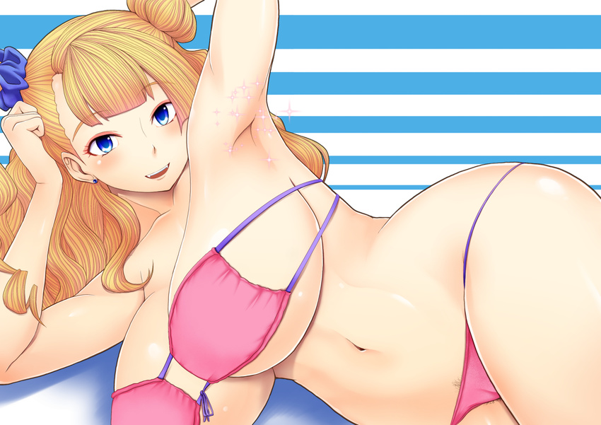 armpits bikini blonde_hair breasts cleavage fangs galko hips huge_breasts long_hair navel oshiete!_galko-chan pink_bikini pubic_hair pubic_hair_peek solo sparkle swimsuit thick_thighs thighs tomatto_(@ma!)