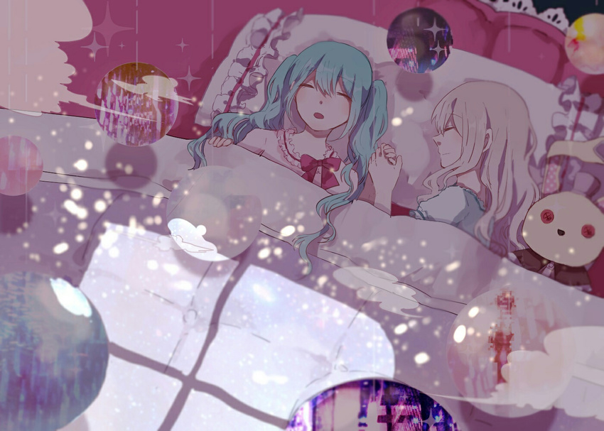 :o bangs bed blanket blonde_hair blue_hair blush bow button_eyes closed_eyes closed_mouth couple danjou_sora day eyebrows_visible_through_hair frilled_pillow frills from_above hatsune_miku holding_hands indoors long_hair mayu_(vocaloid) multiple_girls on_bed open_mouth pillow pink_bow profile red_bow sleeping sparkle sphere stuffed_animal stuffed_bunny stuffed_toy sunlight twintails under_covers usano_mimi vocaloid yuri