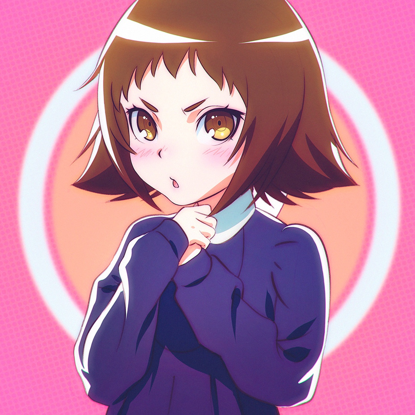 :o bangs brown_eyes brown_hair eyebrows hands_on_own_chest hands_together ilya_kuvshinov long_sleeves looking_at_viewer mikakunin_de_shinkoukei mitsumine_mashiro open_mouth own_hands_together pink_background short_hair simple_background solo sweater thick_eyebrows upper_body v-shaped_eyebrows