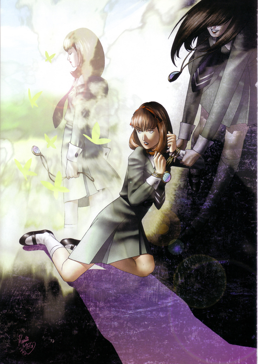 amulet bound bound_wrists brown_hair closed_eyes dark_persona hair_over_eyes highres kazuma_kaneko megumi_shiraishi multiple_persona official_art persona persona_1 school_uniform sonomura_maki