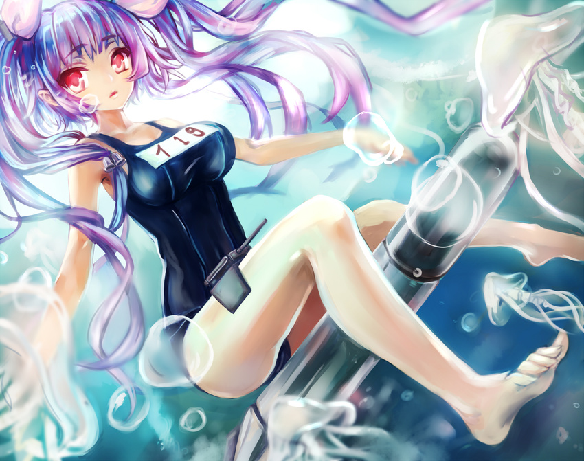 barefoot i-19_(kancolle) kantai_collection purple_hair red_eyes ringovalent school_swimsuit swimsuit underwater water