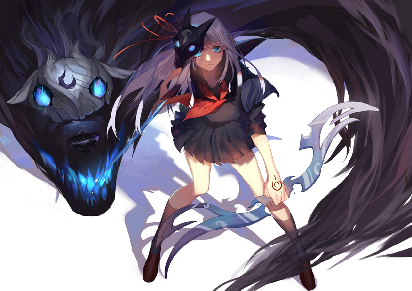 animal blue_eyes bow_(weapon) dj.adonis fire kindred lamb_(character) league_of_legends long_hair mask seifuku skirt tattoo weapon white_hair wolf