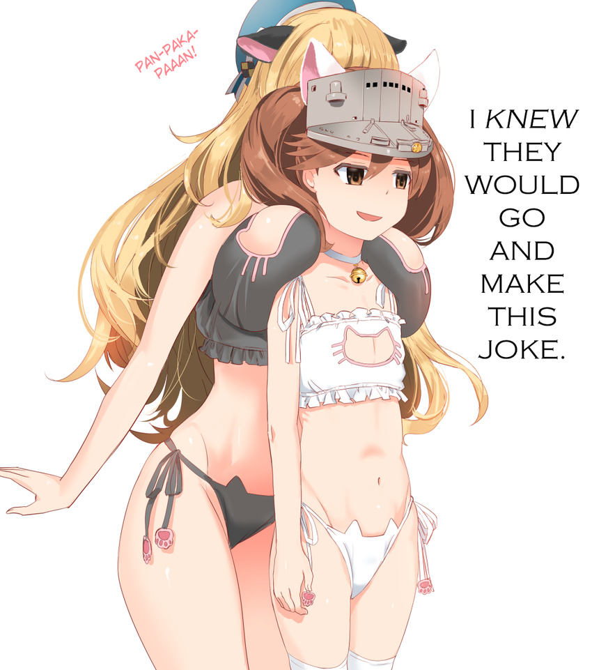2girls :d animal_ears atago_(kantai_collection) bell bell_choker bell_collar beret black_bra black_panties blonde_hair bra breast_envy breast_rest breasts breasts_on_shoulders brown_eyes brown_hair cat_cutout cat_ear_panties cat_ears cat_lingerie choker cleavage_cutout collar collarbone commentary_request empty_eyes female flat_chest hard_translated hat highres kantai_collection large_breasts long_hair multiple_girls mushi_gyouza navel open_mouth pan-pa-ka-paaan! panties ryuujou_(kantai_collection) side-tie_panties smile stomach translated twintails underwear underwear_only visor_cap white_bra white_legwear yuri