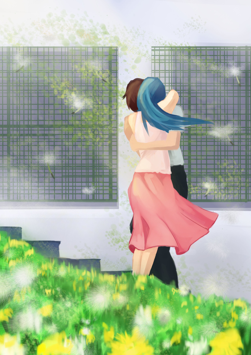 1girl absurdres back black_pants blue_hair brown_hair building character_request dandelion field flower flower_field grass highres hill hug kimi_no_iru_machi long_hair multiple_girls nature outdoors pants pink_skirt shirt short_hair skirt standing tank_top white_shirt yi_l_chen_5