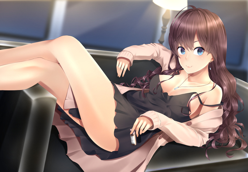 :3 areola_slip areolae bare_legs bare_shoulders black_dress blue_eyes blush bottle breasts brown_hair brown_jacket cleavage closed_mouth collarbone couch crossed_legs curly_hair desk_lamp dress highres holding holding_bottle ichinose_shiki idolmaster idolmaster_cinderella_girls indoors jacket jewelry lamp light lips long_hair long_sleeves looking_at_viewer medium_breasts necklace nishinomiya_suzu off_shoulder on_couch open_clothes open_jacket pendant sleeveless sleeveless_dress smile solo strap_slip tareme unbuttoned very_long_hair