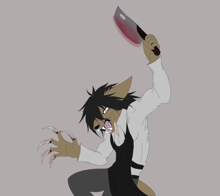 angry anthro apron belt black_fur black_hair blood bloodknight324 bloodskin_(bloodknight324) carving claws clothed clothing cutting fangs fur hair insane khakis long_hair macropod male mammal marsupial meat_cleaver metal_claws muscular open_mouth raised_arm sadism small_pupils tan_fur tongue white_shirt