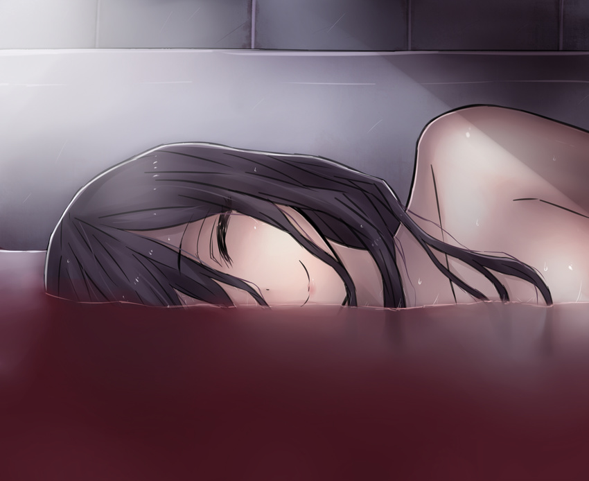 ^_^ bath bathing black_hair blush closed_eyes closed_mouth collarbone hair_between_eyes highres indoors light liquid long_hair lying md5_mismatch neit_ni_sei on_side original partially_submerged resized smile solo tile_wall tiles topless upper_body upscaled wall