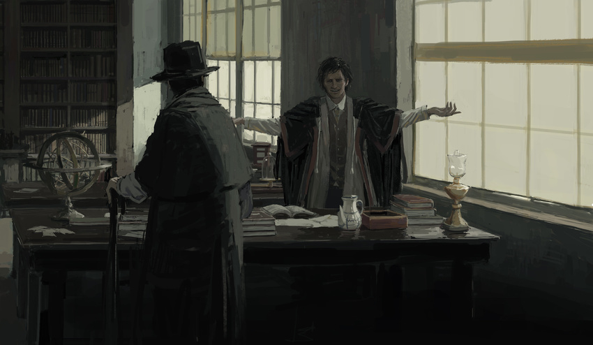 absurdres black_coat black_hat bloodborne book bookshelf cane capelet coat from_behind hat highres indoors lamp long_sleeves micolash_host_of_the_nightmare multiple_boys necktie outstretched_arms shion_(mirudakemann) table teapot vest window