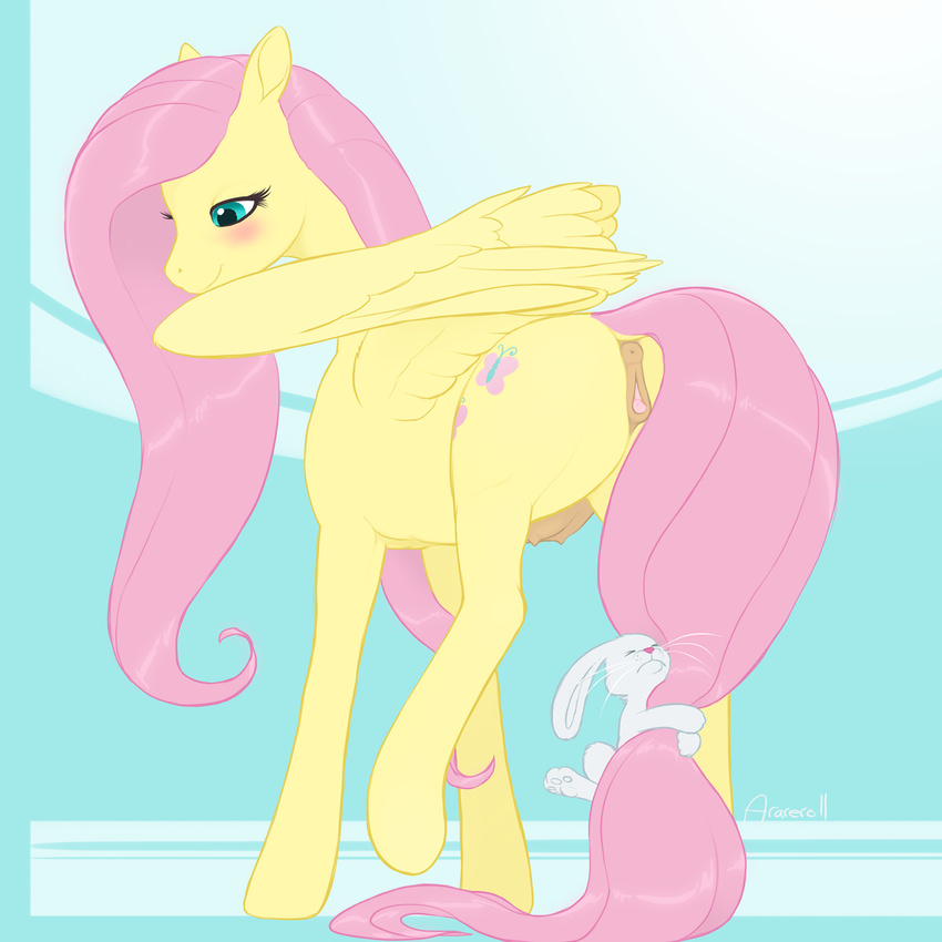 2016 ambiguous_gender anatomically_correct anatomically_correct_pussy angel_(mlp) animal_genitalia animal_pussy anus arareroll blush butt clitoris cutie_mark dock duo equine equine_pussy eyes_closed feathered_wings feathers female feral fluttershy_(mlp) friendship_is_magic fur hair hi_res hooves lagomorph long_ears long_hair mammal my_little_pony paws pegasus pink_hair pussy rabbit raised_leg smile tail_grab teal_eyes teats whiskers white_fur wings