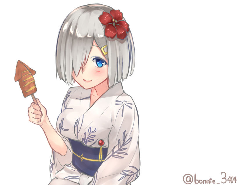 alternate_costume baffu bangs blue_eyes collarbone flower food hair_flower hair_ornament hair_over_one_eye hairclip hamakaze_(kantai_collection) highres holding ikayaki japanese_clothes kantai_collection kimono long_sleeves obi sash short_hair silver_hair smile solo squid twitter_username white_background wide_sleeves yukata