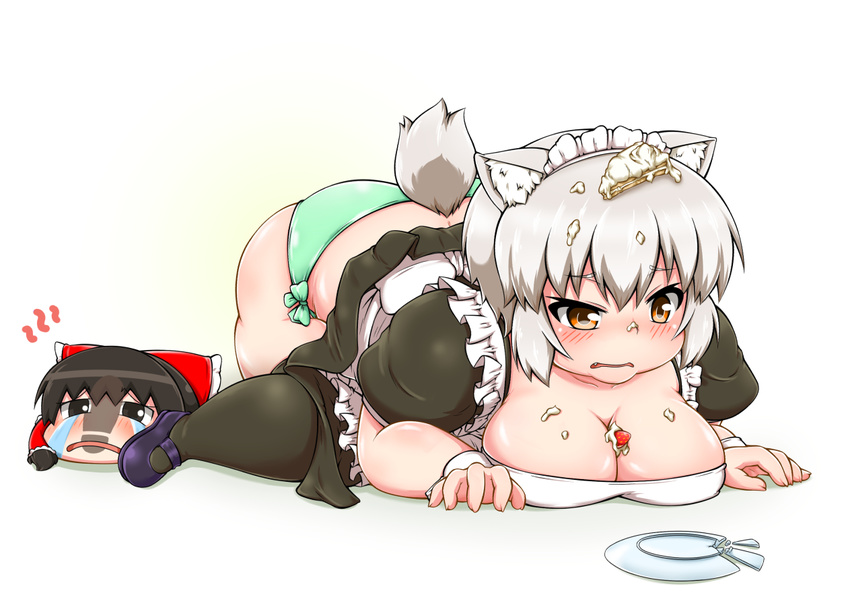 all_fours alternate_costume animal_ears black_legwear blush breasts broken_plate cake cleavage commentary crying crying_with_eyes_open d: dress enmaided fang fat food food_on_face food_on_head fruit green_panties hakurei_reimu hitotsubashi_inari icing inubashiri_momiji large_breasts maid mary_janes object_on_head open_mouth orange_eyes panties shoe_print shoes side-tie_panties silver_hair solo stepped_on strawberry streaming_tears tail tears thighhighs top-down_bottom-up touhou underwear uneven_eyes wolf_ears wolf_tail wrist_cuffs yukkuri_shiteitte_ne