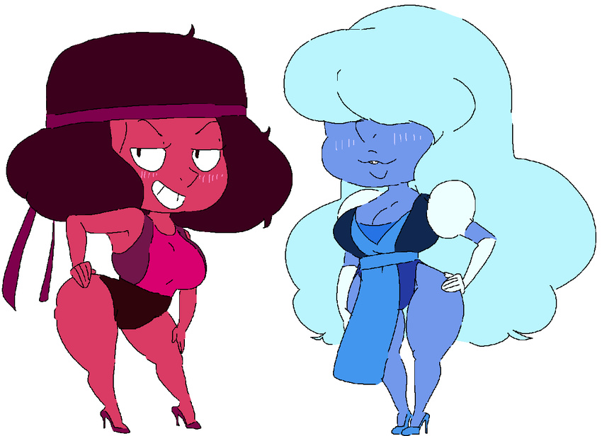 alien blue_hair blue_skin blush breasts cleavage clothed clothing duo female gem_(species) grin hair hair_over_eye hand_on_hip high_heels hoshime not_furry red_hair red_skin ruby_(steven_universe) sapphire_(steven_universe) short_stack smut-valerian steven_universe