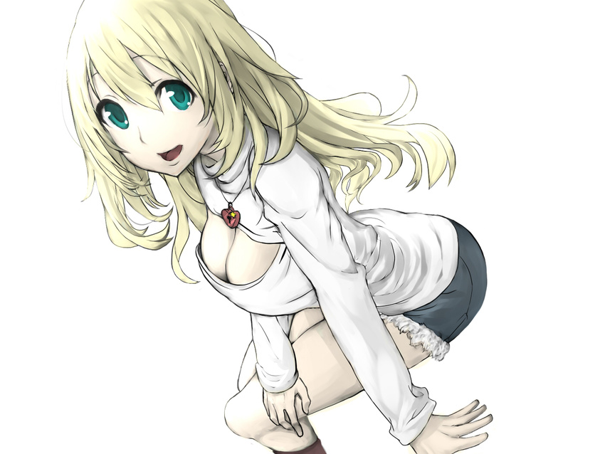 alternate_costume atago_(kantai_collection) baffu blonde_hair cleavage_cutout fur_trim green_eyes jewelry kantai_collection locket long_hair long_sleeves meme_attire open-chest_sweater open_mouth pendant shorts solo sweater turtleneck white_background
