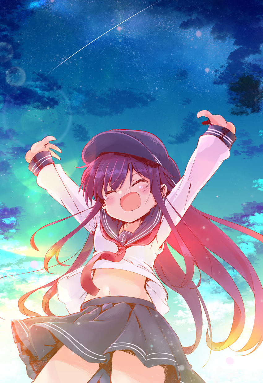 ^_^ absurdres akatsuki_(kantai_collection) anchor_symbol arms_up blush closed_eyes cloud flat_cap hat highres kantai_collection long_hair long_sleeves majima navel open_mouth outstretched_wrists pleated_skirt purple_hair sailor_collar school_uniform serafuku shooting_star skirt sky smile solo sunlight