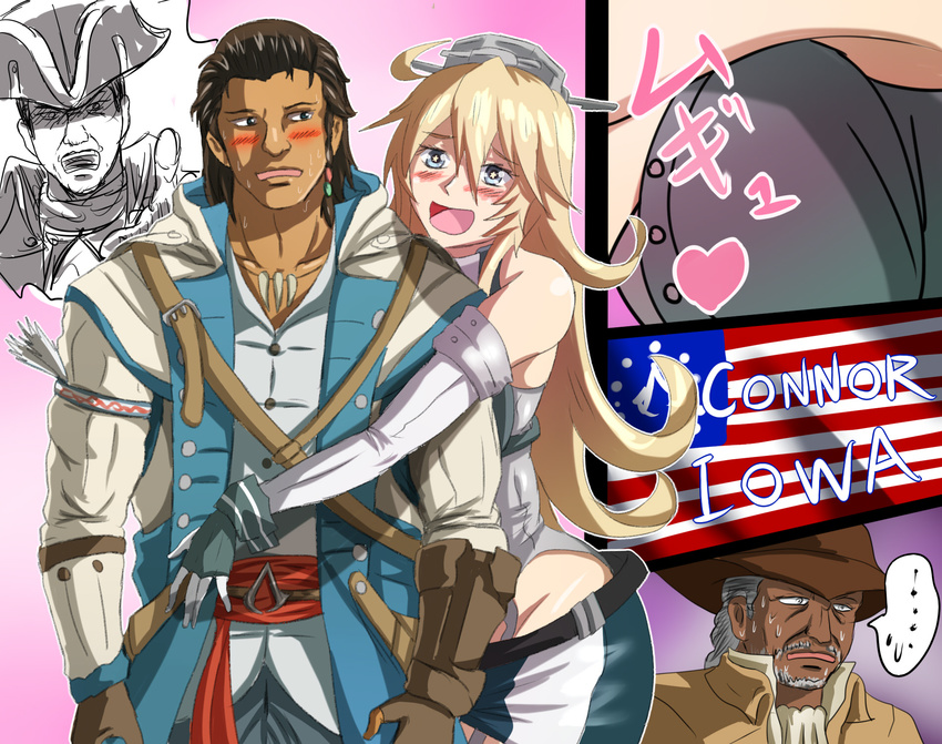 1girl 3boys :d achilles_davenport assassin's_creed_(series) blonde_hair blush brown_hair character_name commentary_request connor_kenway crossover detached_sleeves haytham_kenway headgear highres hug hug_from_behind iowa_(kantai_collection) jewelry kantai_collection long_hair multiple_boys necklace open_mouth pitcairn_meusel silver_hair sketch smile star star-shaped_pupils sweat symbol-shaped_pupils tan translation_request